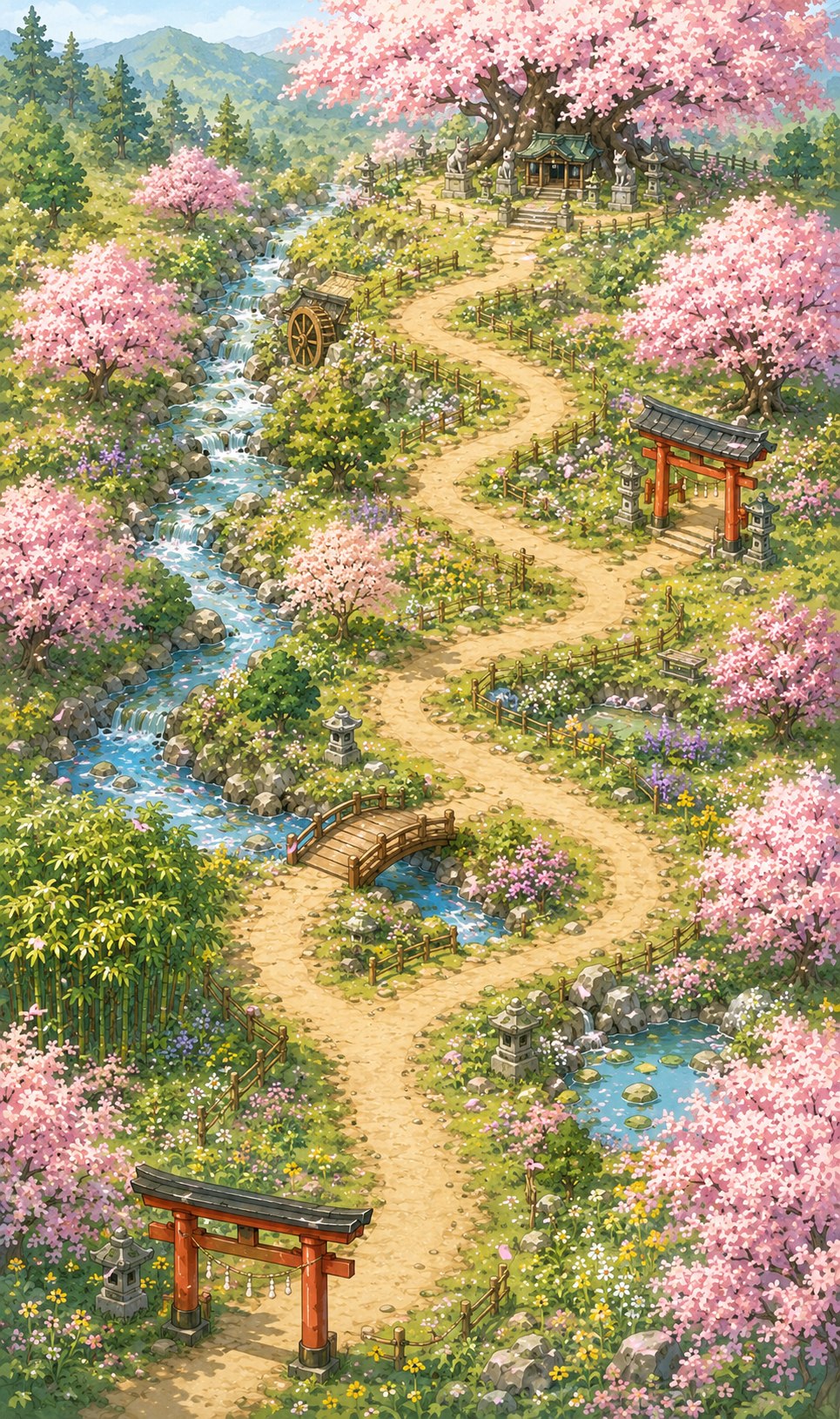 桜と小川に囲まれた春の参道